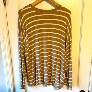 NWOT Gap Women's Drop Shoulder Long Sleeve Tan Top with White Stripes, Size XL